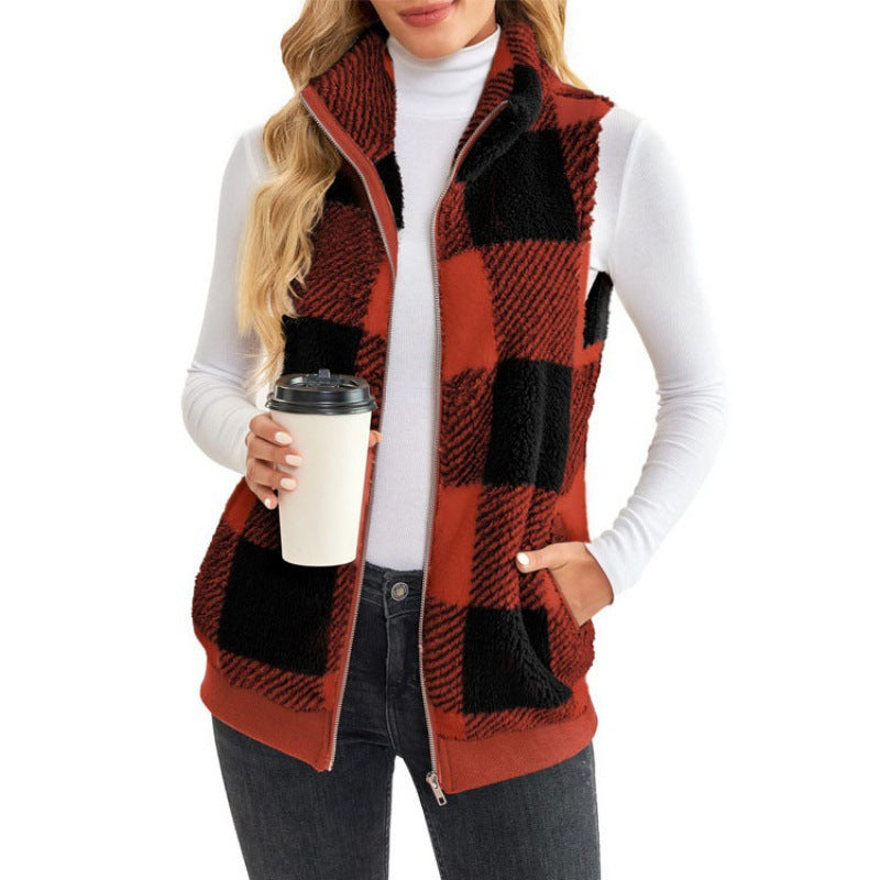 Ladies Checked Teddy Vest with Stand-Up Collar, Zipper and Side Pockets Amarae