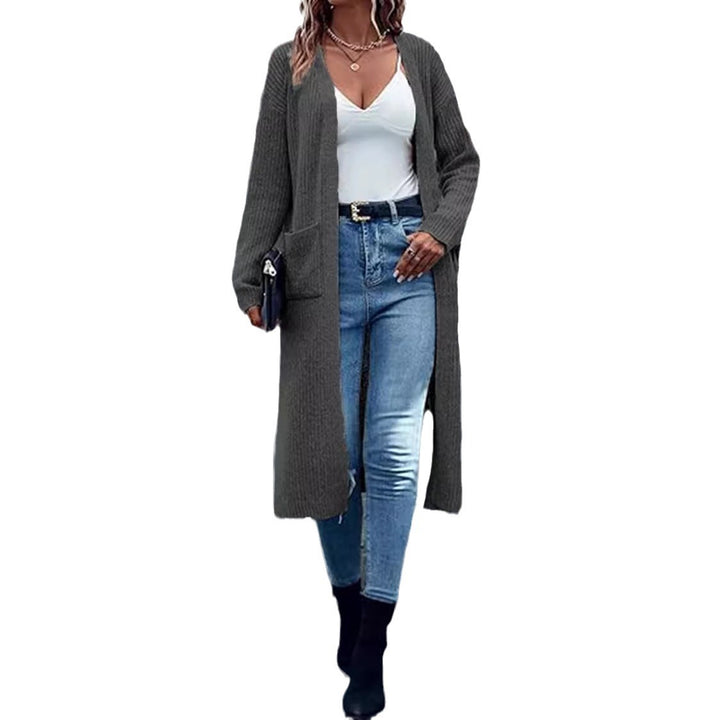 Woman Long knitted cardigan with deep pockets and open cut Lune London