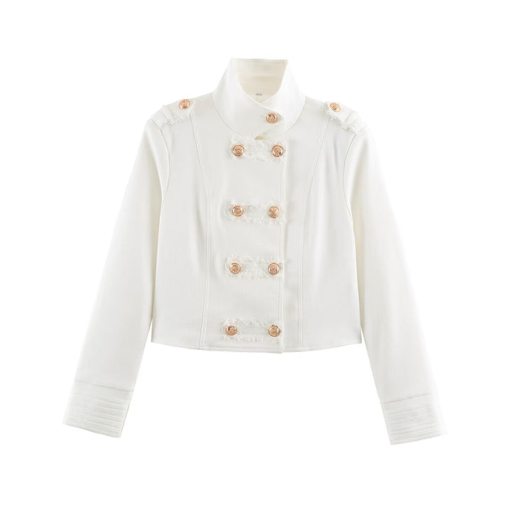 Ladies Short Cut Military Inspired Jacket with Stand-Up Collar and Decorative Button Placket Amarae