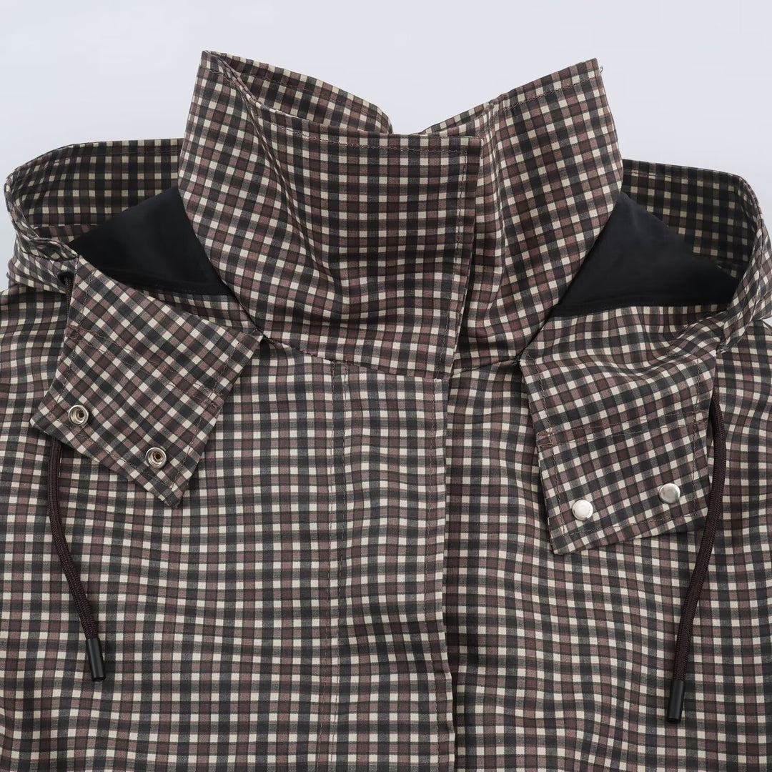 Women's Checked Transitional Parka with Drawstring Waist and High Stand-Up Collar Amarae