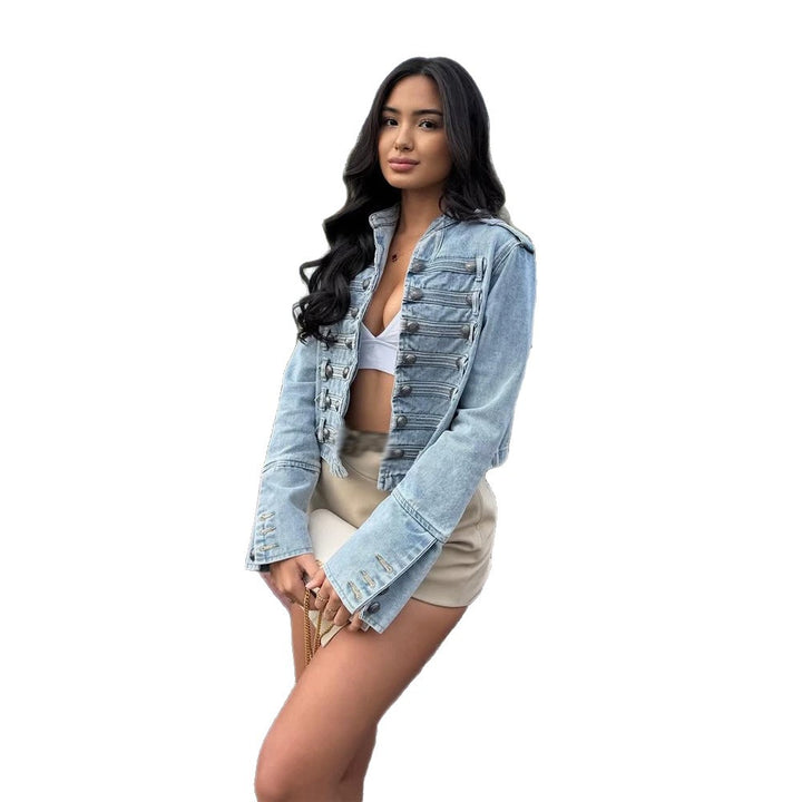 Women's short-cut denim jacket in military-inspired style with decorative button plackets Amarae