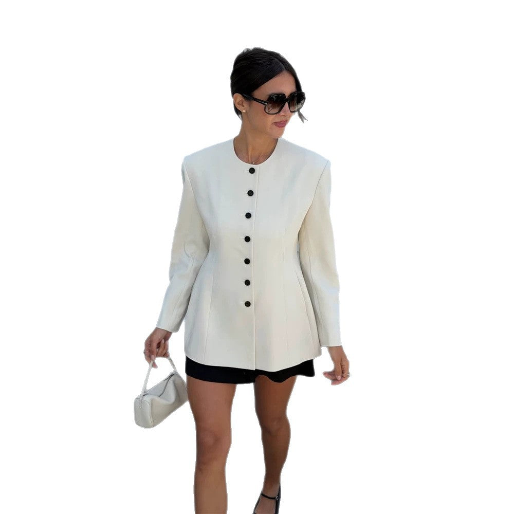 Women's Tailored Blazer with Sculptural Shoulder, Round Neckline and Contrast Button Placket Amarae