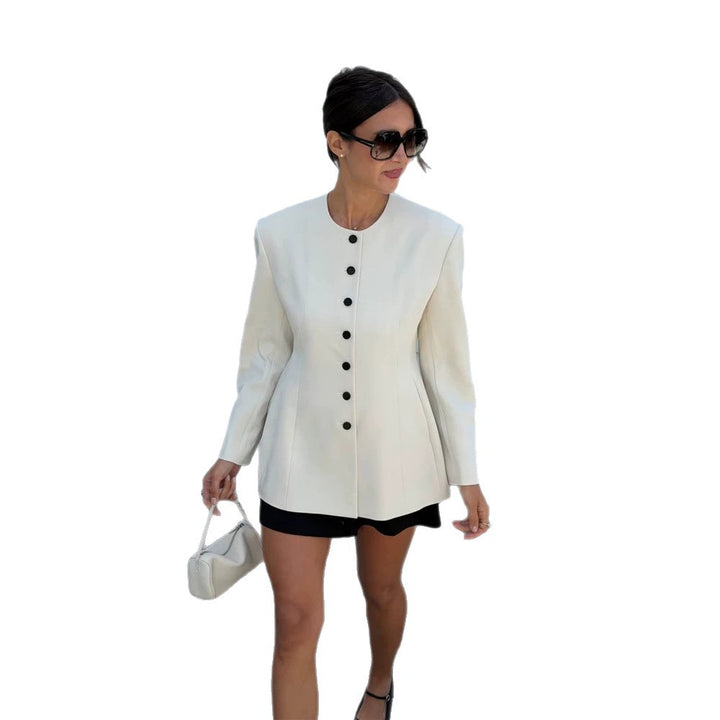 Women's Tailored Blazer with Sculptural Shoulder, Round Neckline and Contrast Button Placket Amarae