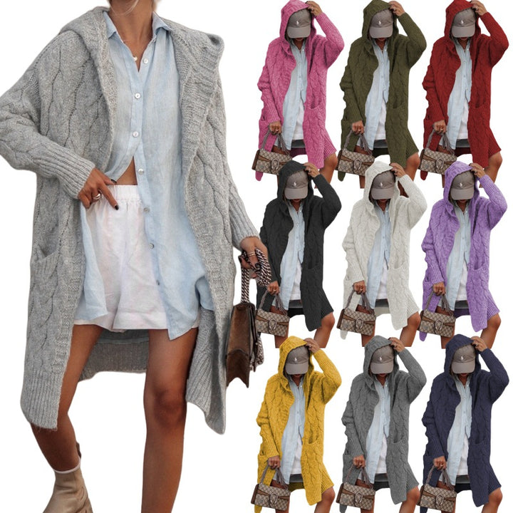 Thick knit cardigan for women with open front and hood Lune London