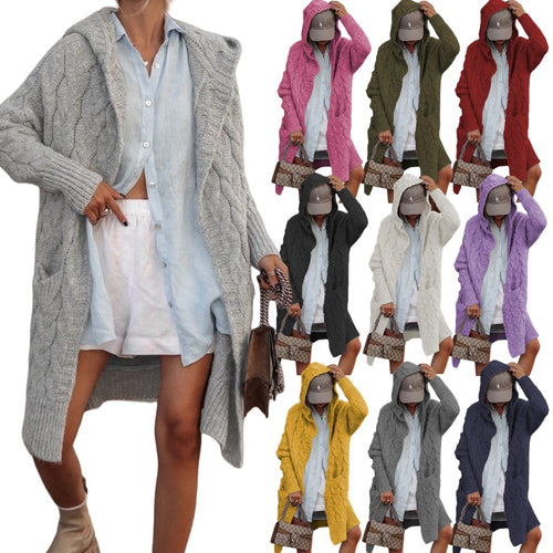 Thick knit cardigan for women with open front and hood Amarae