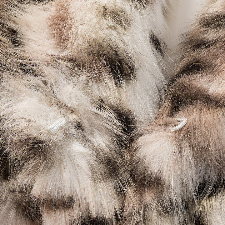 Women Padded Faux Fur Coat with Leopard Print, Oversized Silhouette and Stand-Up Collar Amarae