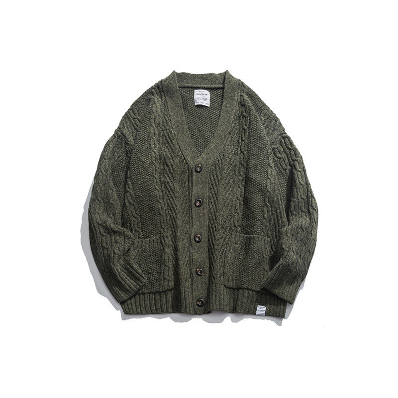 Unisex Oversized Knit Cardigan with Cable Pattern, V-Neck and Patch Pockets Amarae