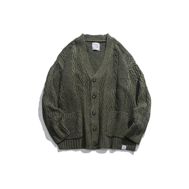Unisex Oversized Knit Cardigan with Cable Pattern, V-Neck and Patch Pockets Amarae