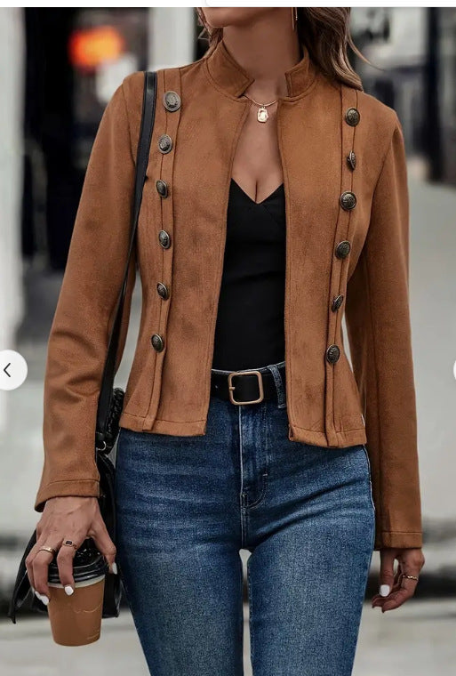 Trendy short women's jacket with classic stand collar and decorative button details Lune London