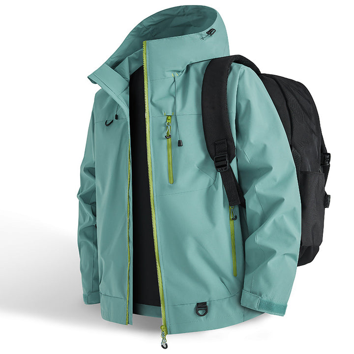 Functional outdoor jacket for men with adjustable hood drawstring and practical zip pockets Lune London