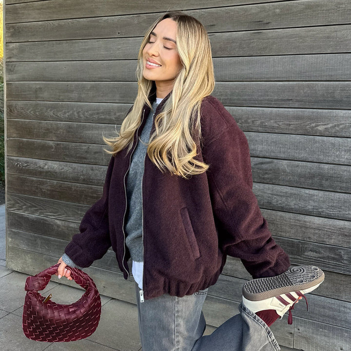 Fleece bomber jacket for women with elastic hem and practical side pockets Lune London
