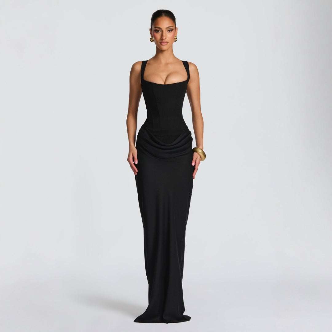 Women Elegant Maxi Dress with Fitted Cut and Deep Neckline Lune London