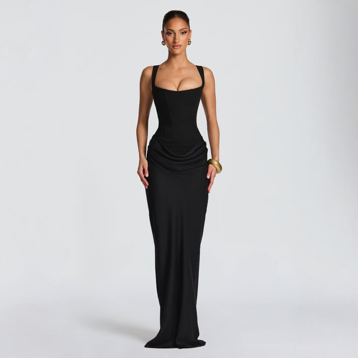 Women Elegant Maxi Dress with Fitted Cut and Deep Neckline Lune London