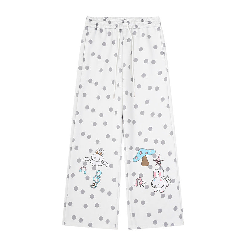 Women Wide Lounge Pants with Comfort Waistband, Polka Dot Allover and Playful Cartoon Print Amarae