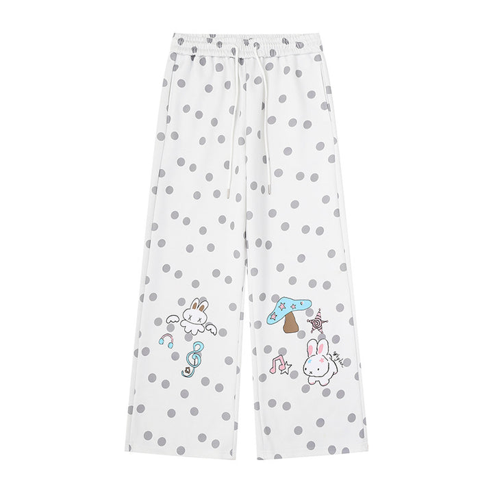 Women Wide Lounge Pants with Comfort Waistband, Polka Dot Allover and Playful Cartoon Print Amarae