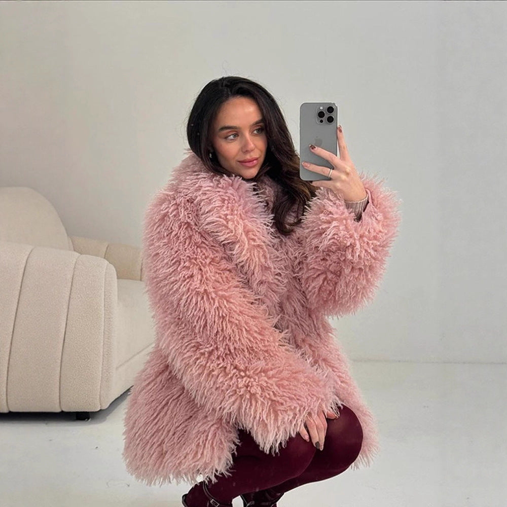 Women’s Short Cut Oversized Faux Fur Coat with Voluminous Shawl Collar and Curly Texture Amarae