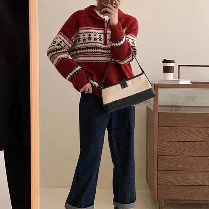 Pull chunky en tricot pour femmes avec col haut et motif norvégien décoratif Chic & Stil