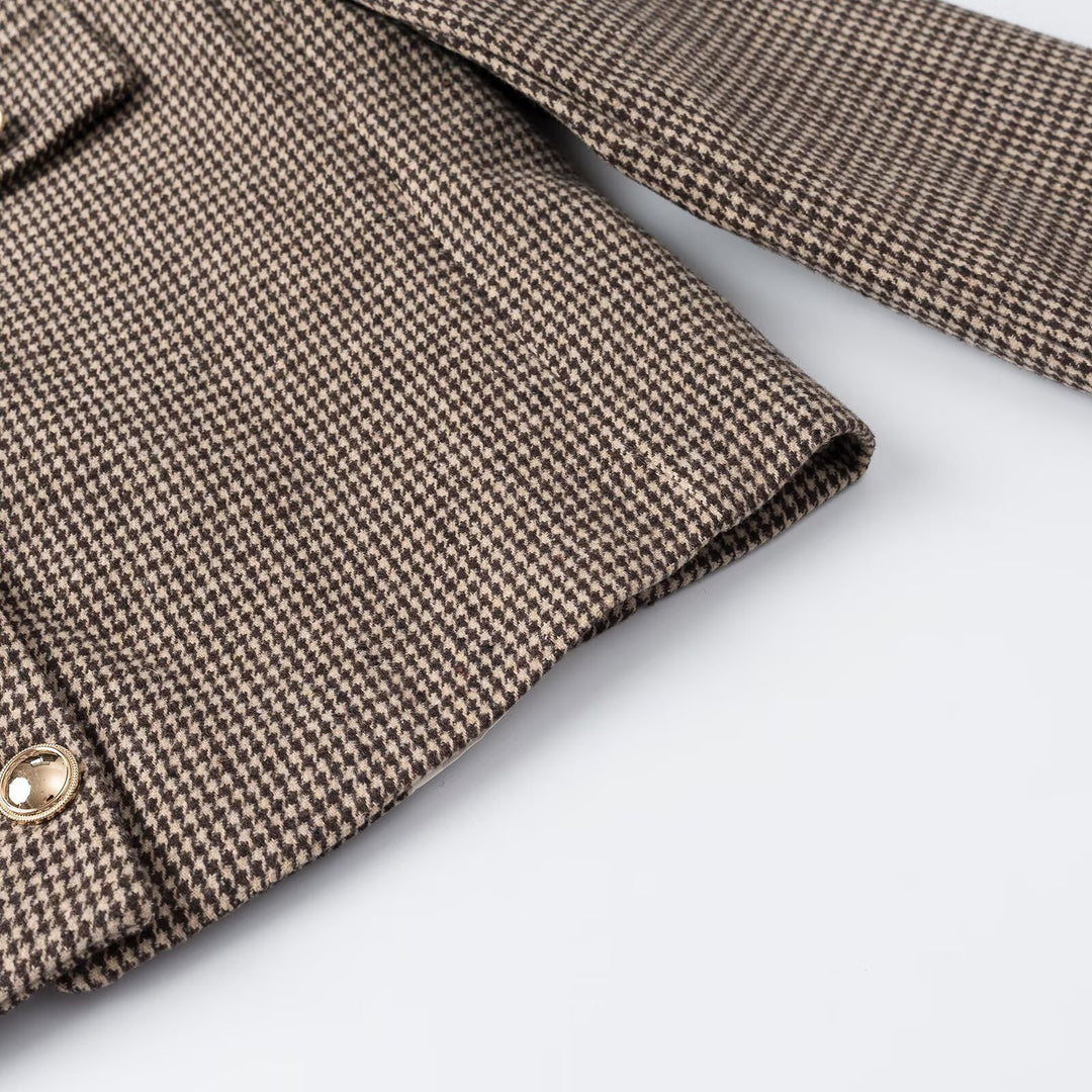 Women's Short Boucle Jacket in Houndstooth Look with Round Neck and Decorative Button Placket Amarae