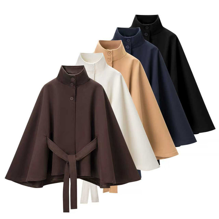 Women's short cape with stand-up collar, concealed button placket, and waist tie belt Amarae