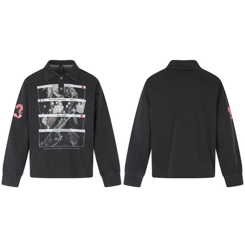 Men's Long Sleeve Polo Shirt with Vintage-Inspired Front Print, Shirt Collar and Button Placket Amarae