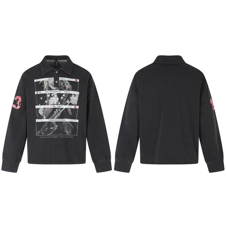 Men's Long Sleeve Polo Shirt with Vintage-Inspired Front Print, Shirt Collar and Button Placket Amarae