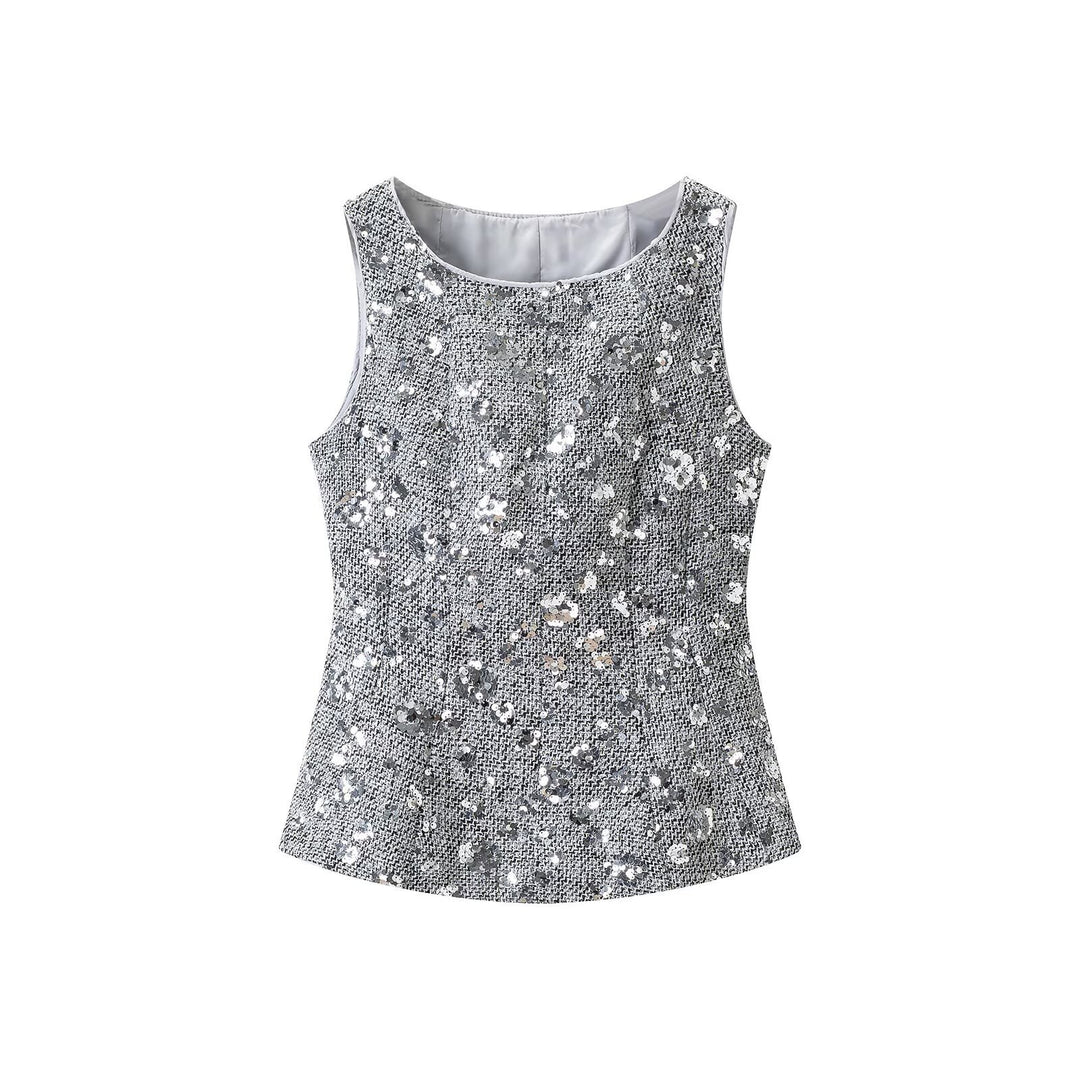 Women's Sequin-Embellished Sleeveless Peplum Top with Textured Boucle Look Amarae