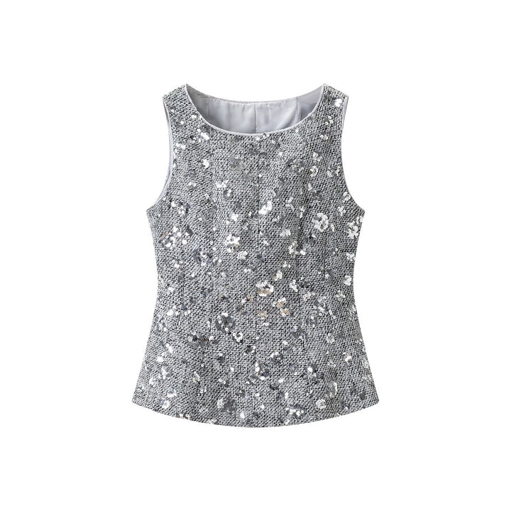 Women's Sequin-Embellished Sleeveless Peplum Top with Textured Boucle Look Amarae