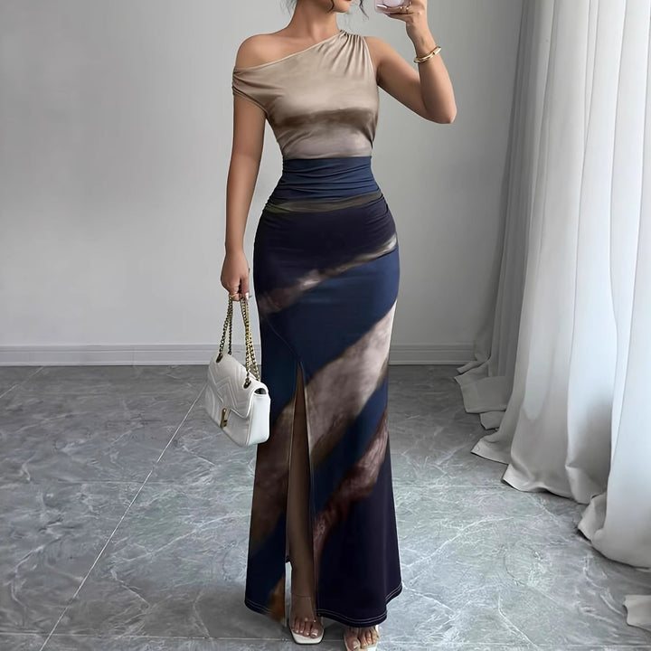 Ladies Elegant Maxi Dress with Asymmetrical Neckline and Side Slit Lune London