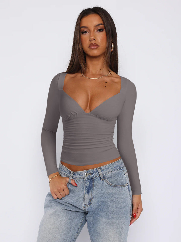 Women Fitted Long-Sleeve Top with V-Neckline and Gathers Lune London