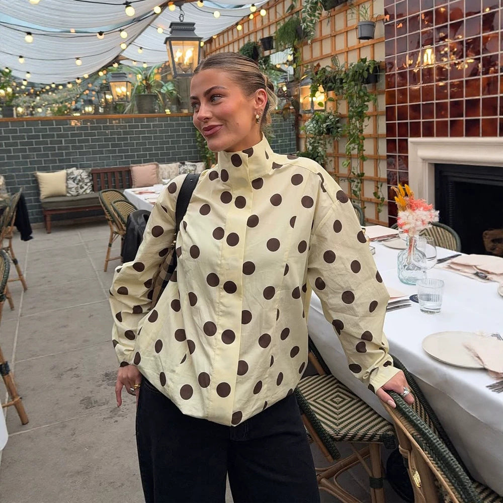 Women's Boxy Shirt Jacket with Stand Collar, Balloon Sleeves and Large Polka Dot Print Amarae