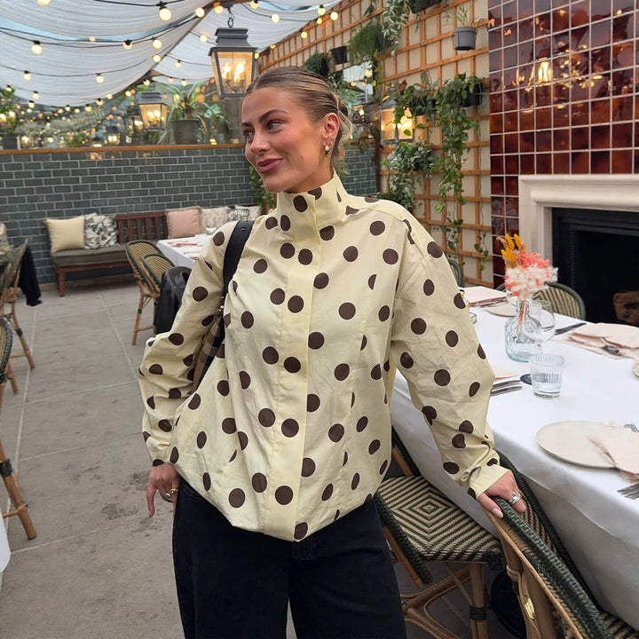 Women's Boxy Shirt Jacket with Stand Collar, Balloon Sleeves and Large Polka Dot Print Amarae