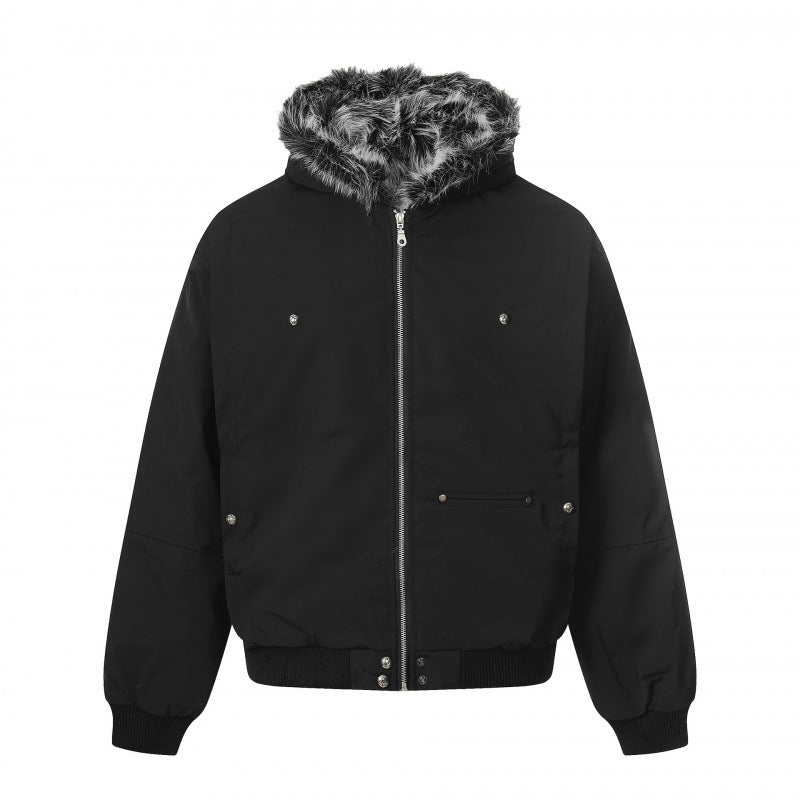 Unisex Short Boxy Bomber Jacket with Faux Fur Hood, Windproof Shell and Thermal Insulation Amarae