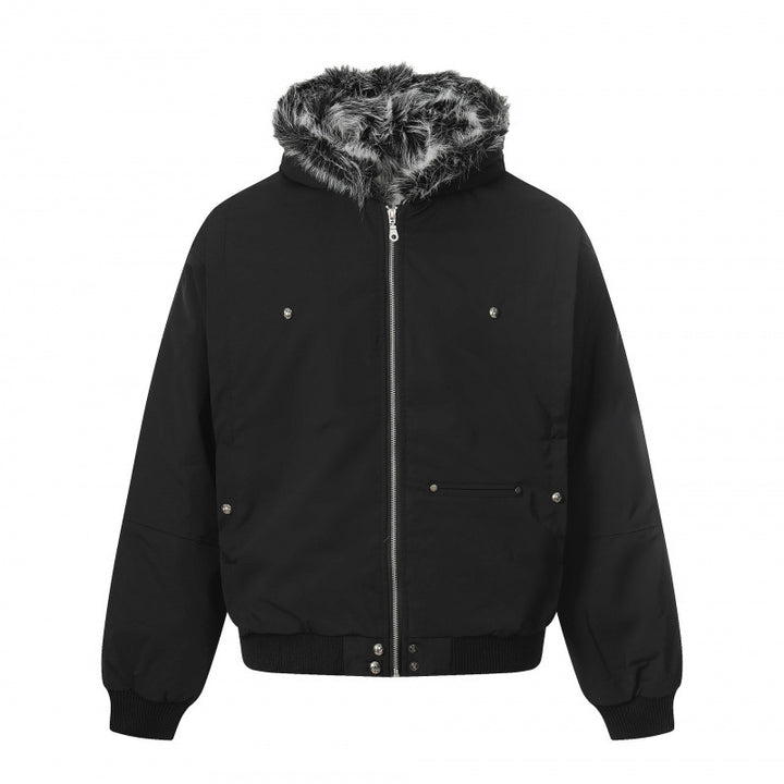 Unisex Short Boxy Bomber Jacket with Faux Fur Hood, Windproof Shell and Thermal Insulation Amarae
