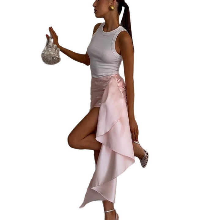 Women's satin mini skirt with draped train and gathering Amarae
