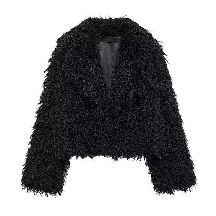 Ladies Short Boxy Plush Jacket in Shaggy Look with Dropped Lapel Amarae