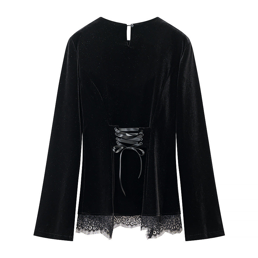 Women’s velvet blouse with lace trim and curved slit neckline Amarae