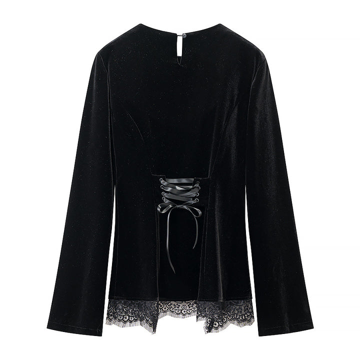 Women’s velvet blouse with lace trim and curved slit neckline Amarae