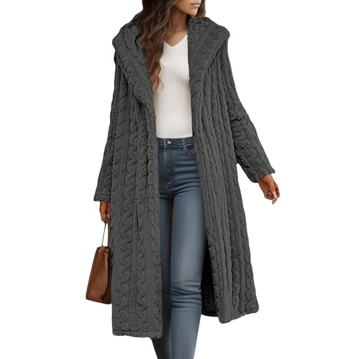 Ladies Long Knit Coat with High Collar and Fluffy Texture Lune London