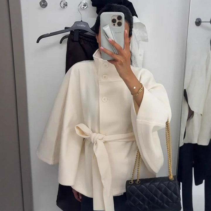 Women Elegant Wool Cape with Waist Belt, Standing Collar and Concealed Button Placket Amarae