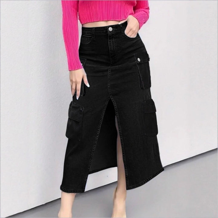 Women's cargo jeans midi skirt with front slit and patch cargo pockets Amarae