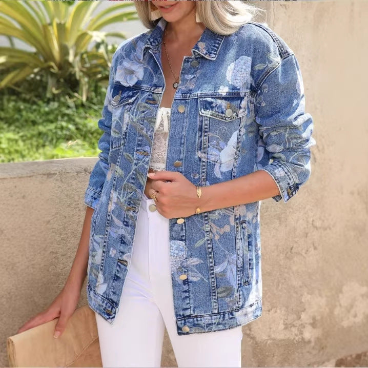 Women’s Longer Denim Jacket with Floral Allover Print, Chest Flap Pockets, and Casual Oversized Fit Amarae