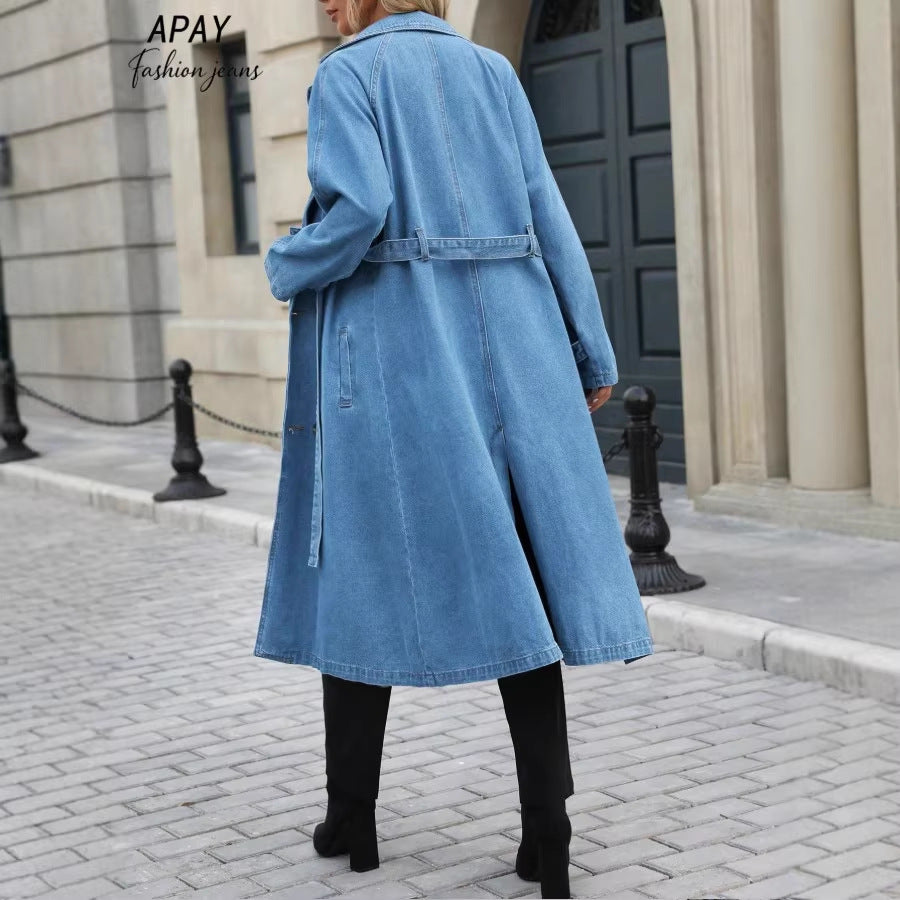 Women Long Denim Trench Coat with Tie Belt and Raglan Sleeves Amarae