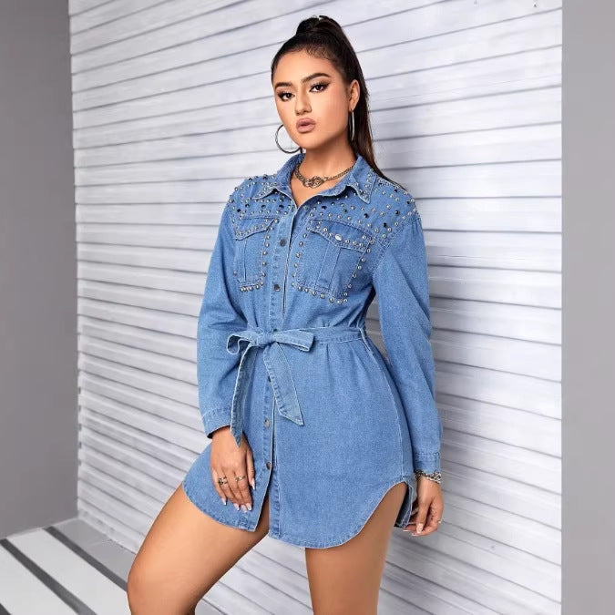 Women Studded Denim Shirt Dress with Waist Belt Amarae