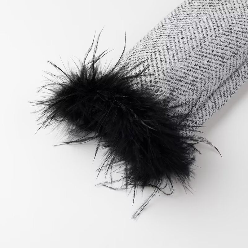 Ladies Elegant Bouclé-Tweed Two-Piece with Tailored Short Blazer, Mini Skirt, Piping Details and Feathery Cuffs Amarae
