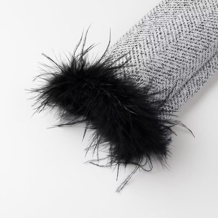 Ladies Elegant Bouclé-Tweed Two-Piece with Tailored Short Blazer, Mini Skirt, Piping Details and Feathery Cuffs Amarae