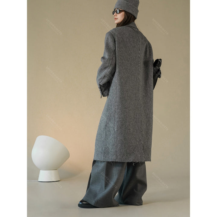 Women Boxy Long Coat made of Wool Blend with Frayed Edges and Double-Breasted Amarae