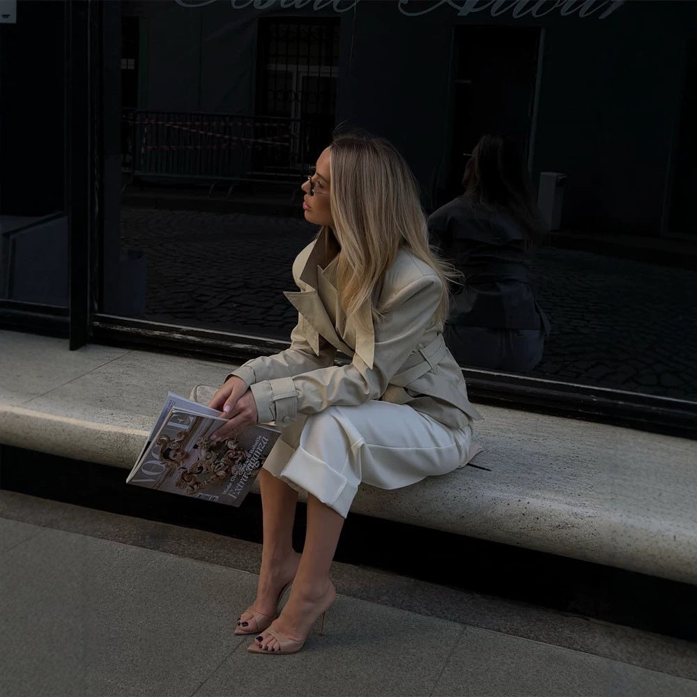 Ladies Short Tailored Trench Coat with Tie Belt and Sculpted Shoulder Silhouette Amarae