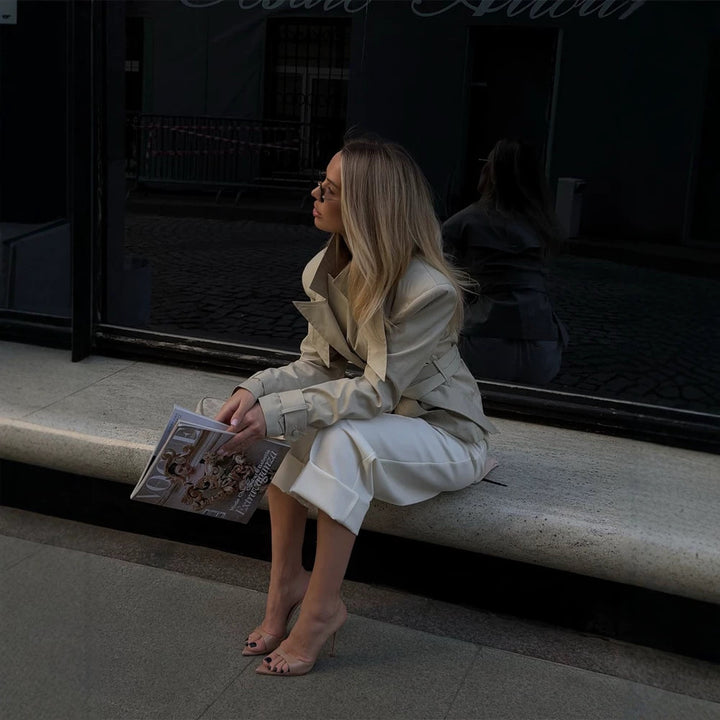 Ladies Short Tailored Trench Coat with Tie Belt and Sculpted Shoulder Silhouette Amarae
