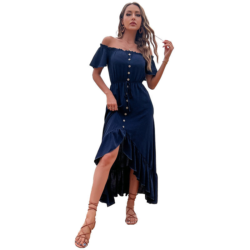 Maxi dress with off-the-shoulder neckline, button closure, and ruffled trim Lune London