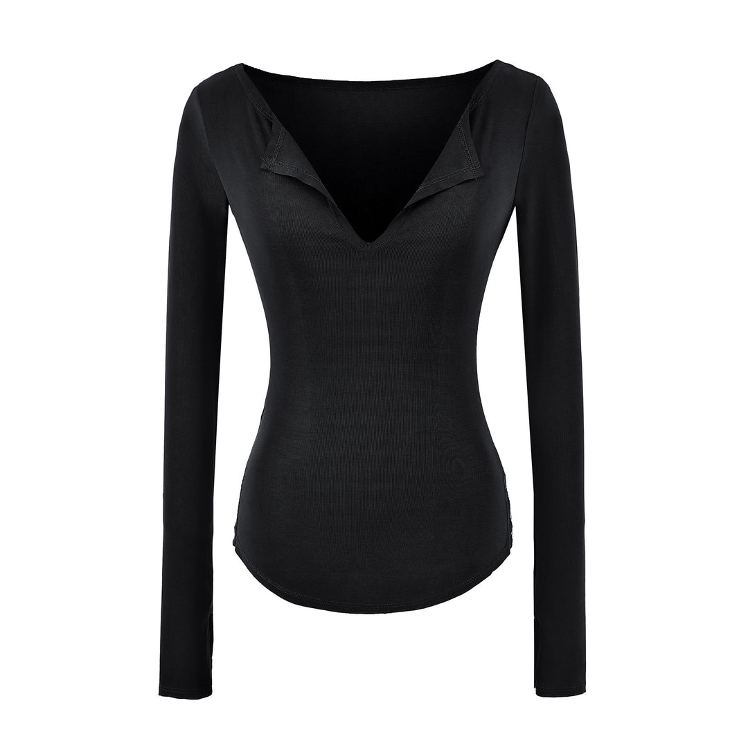 Women's fitted ribbed knit long sleeve with deep V-neck and collar trim Amarae